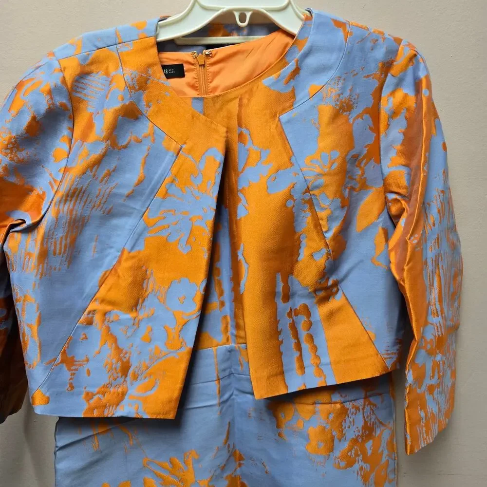 Lafayette 148 New York Jacquard Dress Jacket Set Sz 14 Orange Blue